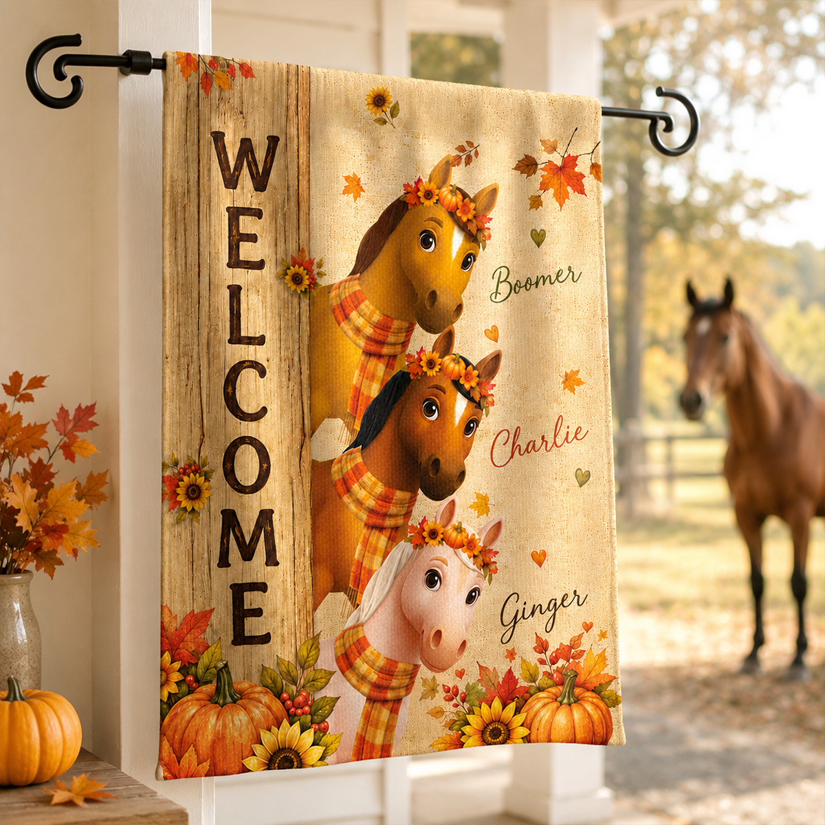 Cozy Fall Horses Welcome - Personalized Garden Flag - Fall Season Decoration