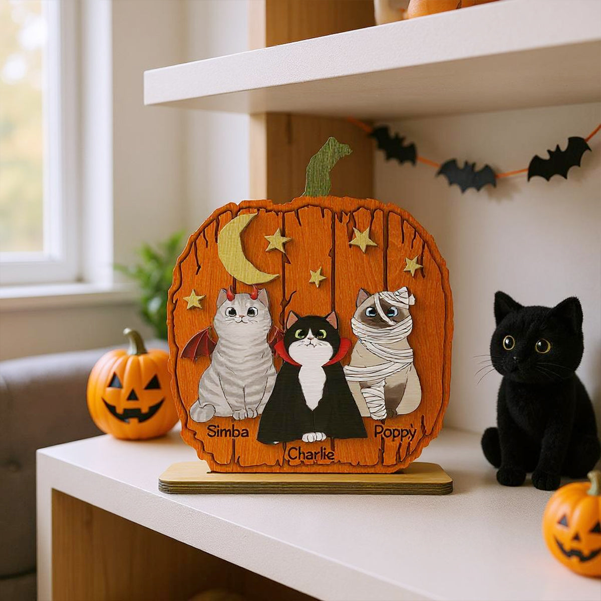 Halloween Cat Pumpkin Shaped - Personalized 2-Layered Wooden Plaque - Gift For Cat Lovers