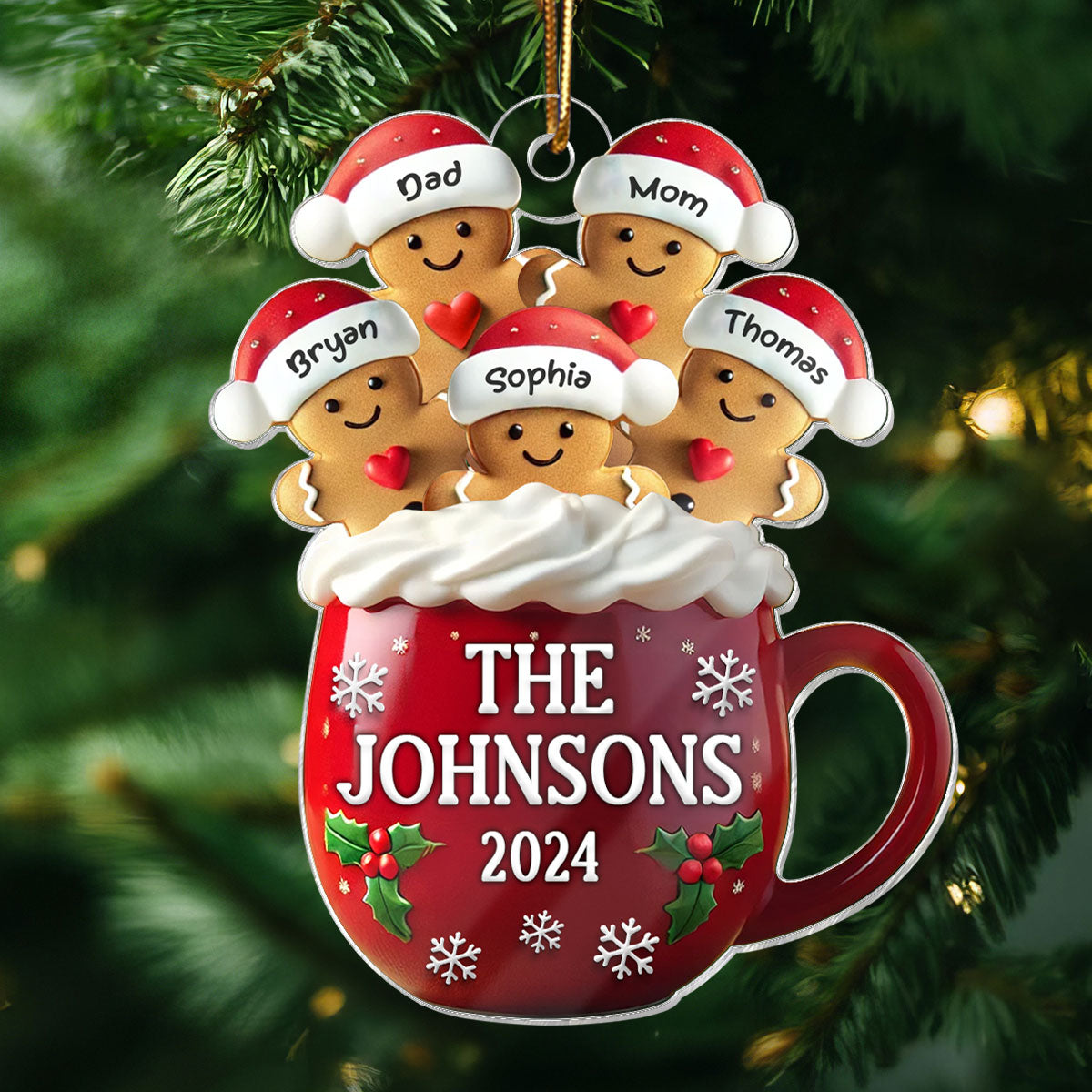 3D Effect Gingerbread Family In Hot Cocoa Christmas Decor Personalized Acrylic Ornament