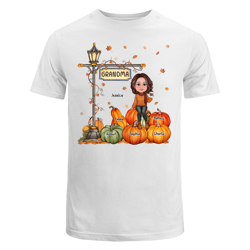 Grandma Mom Sitting On Pumpkin Under Lamp Post Fall Season Personalized Shirt
