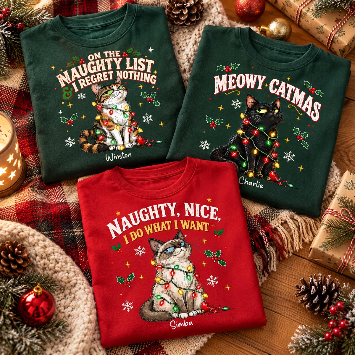 Meowy Catmas Bossy Cat Portrait From Your Photo - Personalized Shirt - Funny Festive Christmas Gift For Cat Lovers