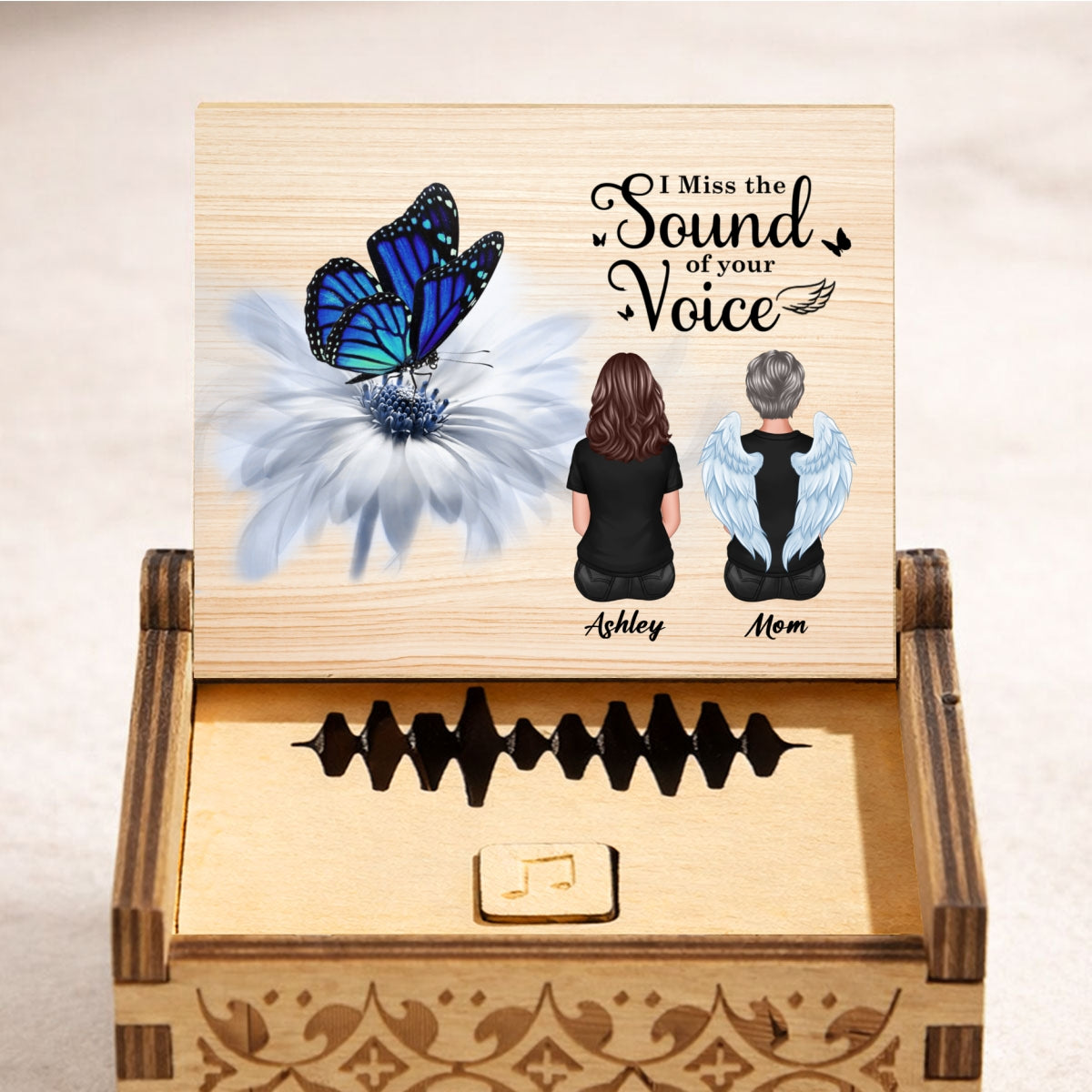 Upload Voice Message Butterfly On Daisy Miss Your Voice - Personalized Wooden Music Box - Memorial Gift, Remembrance Keepsake