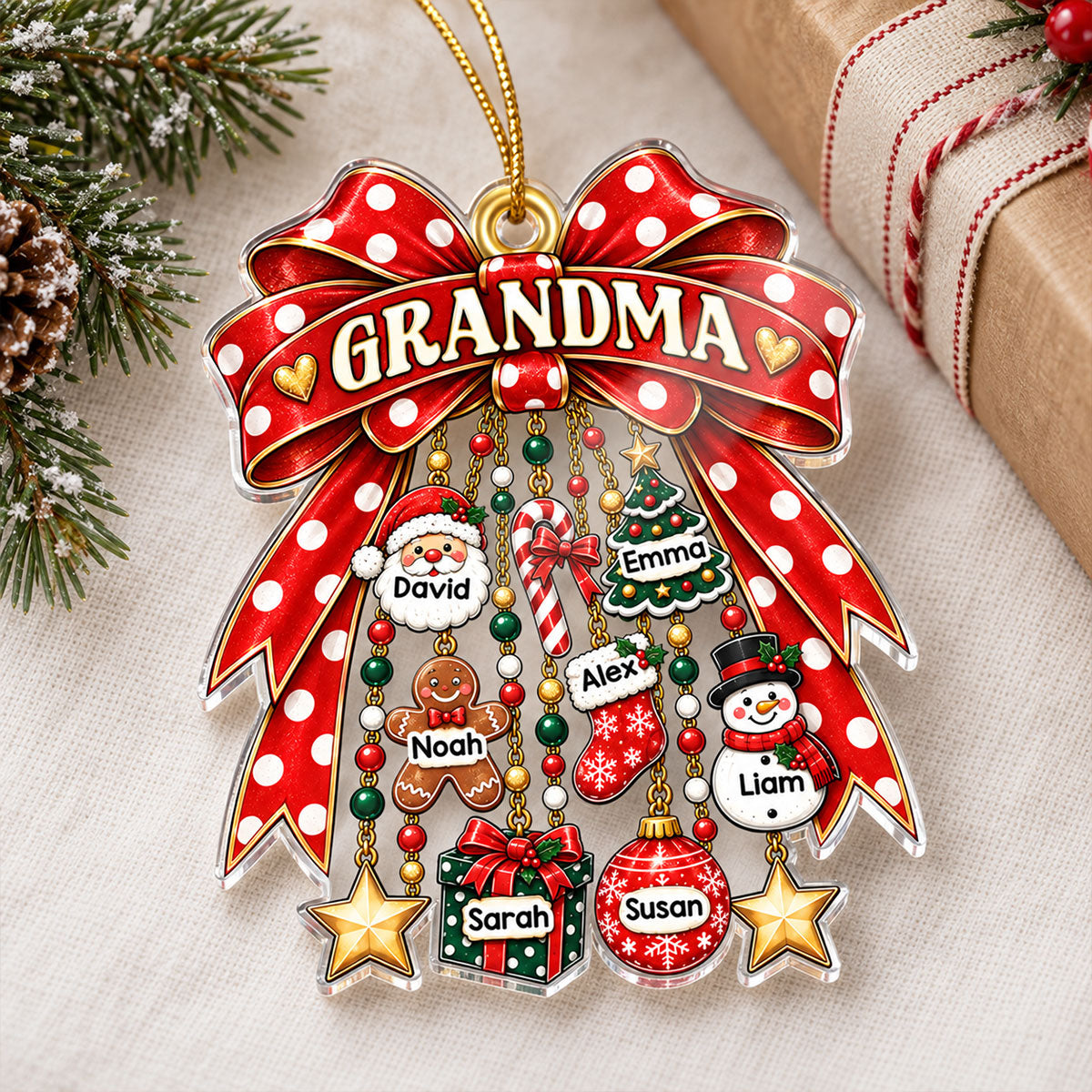 Grandma Retro Christmas Charm Bow - Personalized Acrylic Ornament - Thoughtful Christmas Gift for Grandma