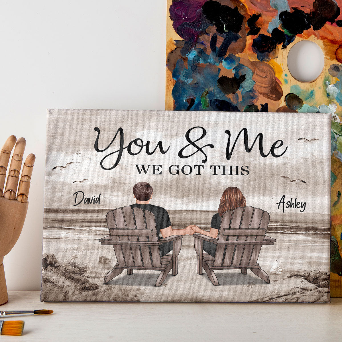 Retro Vintage Back View Couple Sitting Beach Landscape Personalized Canvas, Anniversary Gift For Couple, Husband, Wife, Dad, Mom