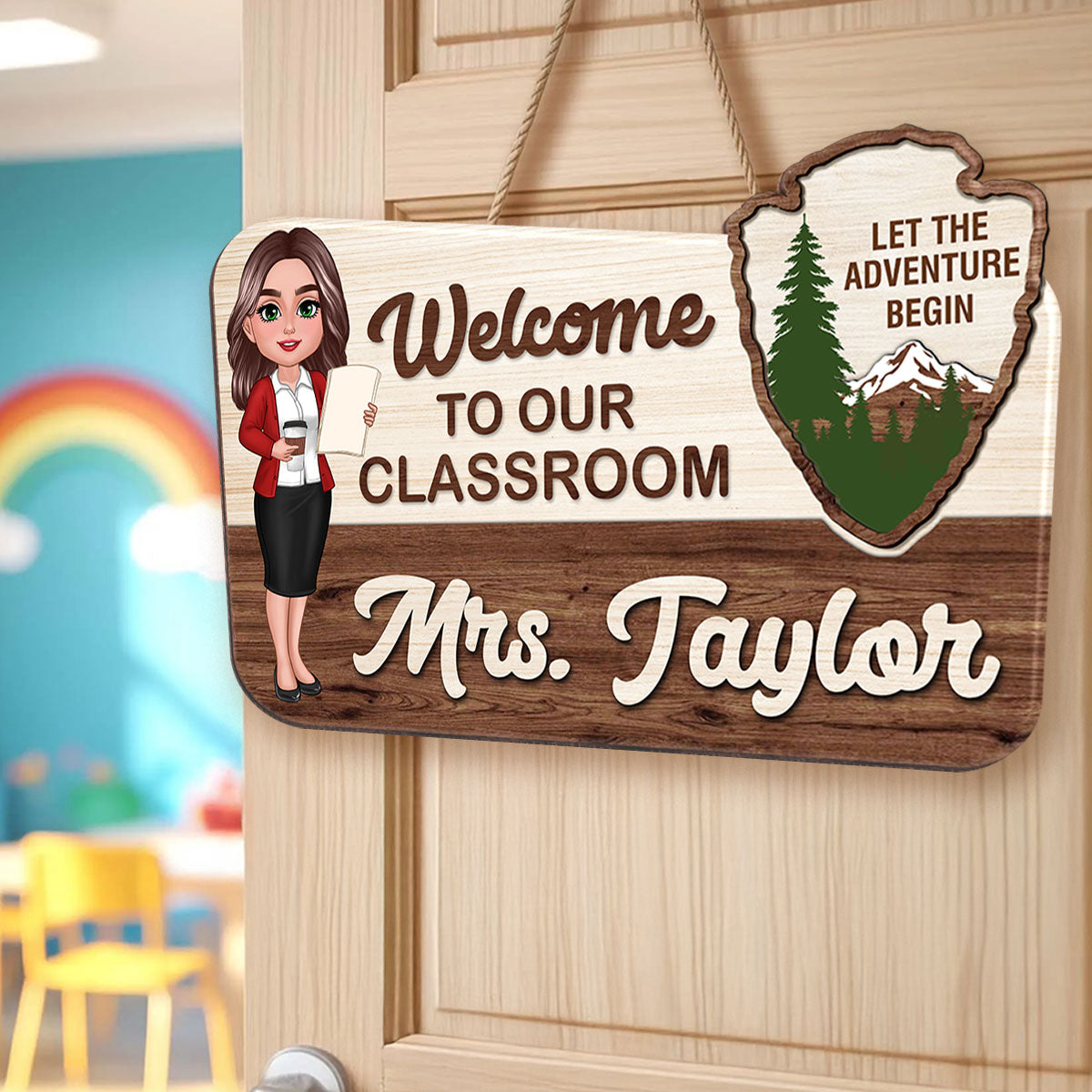 Let The Adventure Begin Personalized Wood Door Sign, Classroom Decor, Gift For Teacher