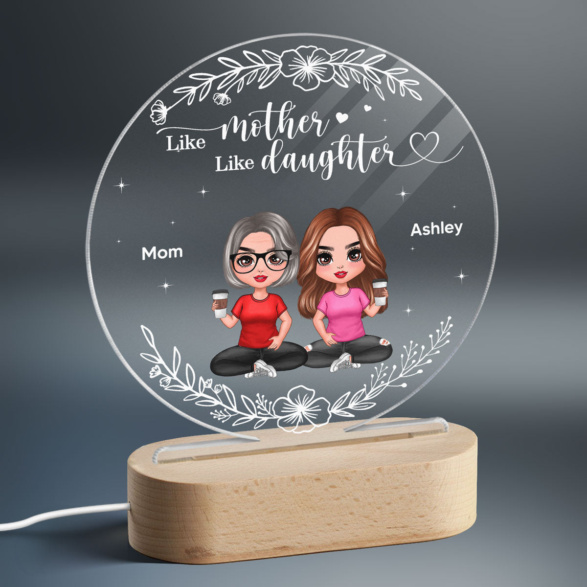 Floral Frame Doll Women Sitting Like Mother And Daughters Personalized Circle Plaque LED Night Light