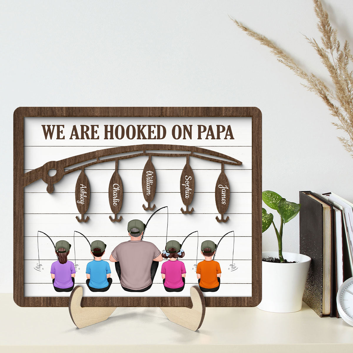 Hooked On Being Fishing Dad Grandpa Sitting Back View Personalized 2-Layer Wooden Plaque