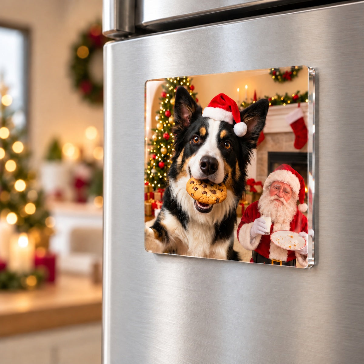 Dog Cat Steal Cookie From Santa Upload Pet Photo - Personalized Acrylic Fridge Magnet - Funny Christmas Gift For Dog Lovers, Cat Lovers, Pet Lovers