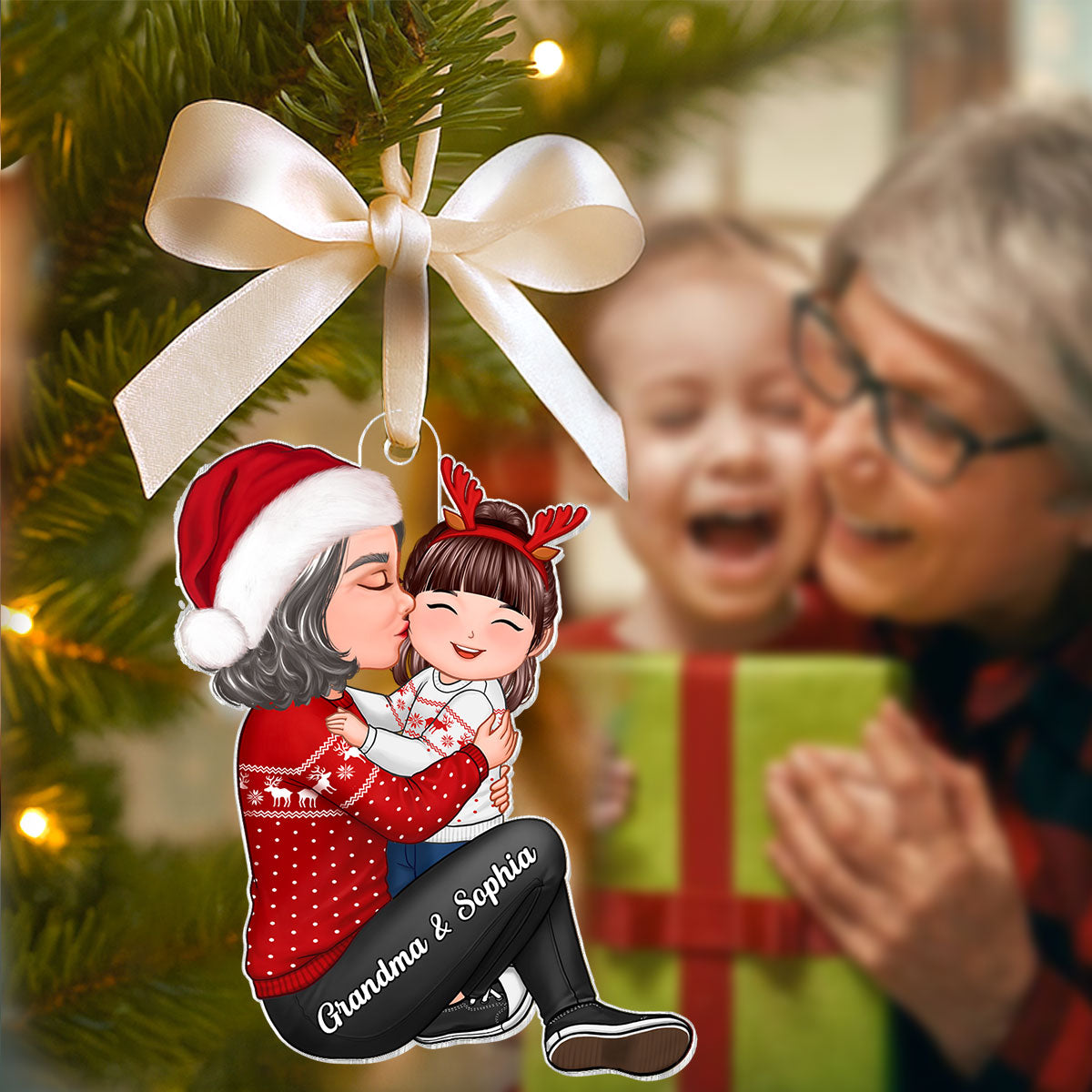 Christmas Grandma Kissing Grandkid - Personalized Acrylic Ornament - Heartwarming Gift For Granddaughter Grandson