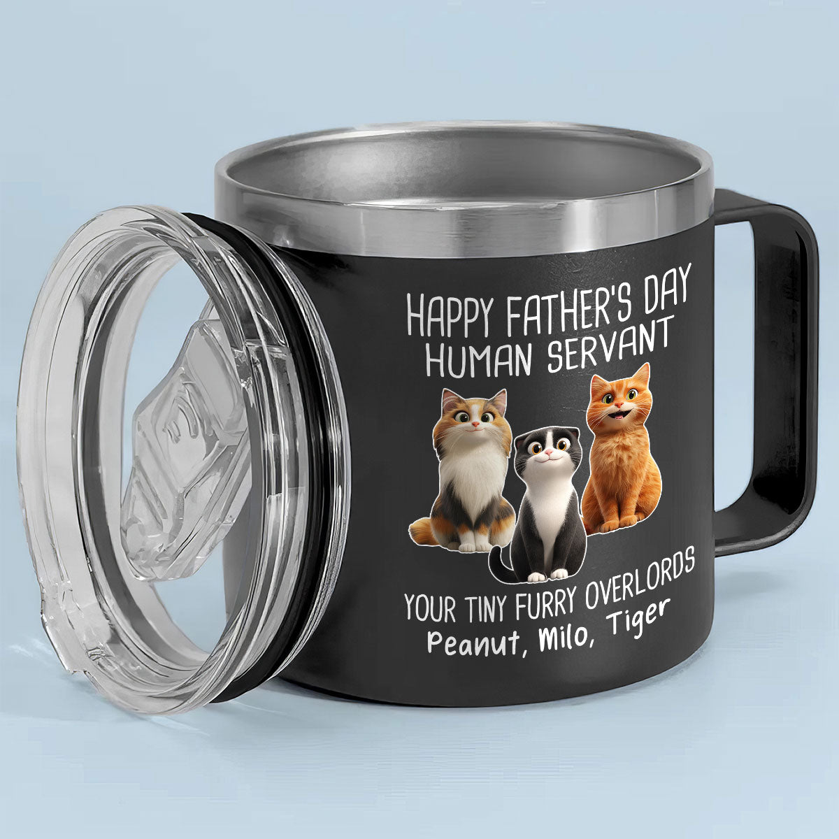 Happy Father's Day Human Servant Cartoon Funny Cats Personalized Stainless Steel Tumbler With Handle