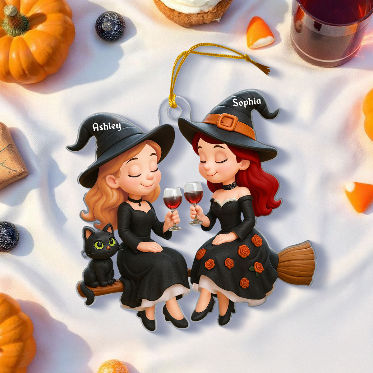 Witch Besties 3D Effect Personalized Acrylic Ornament, Halloween Decoration