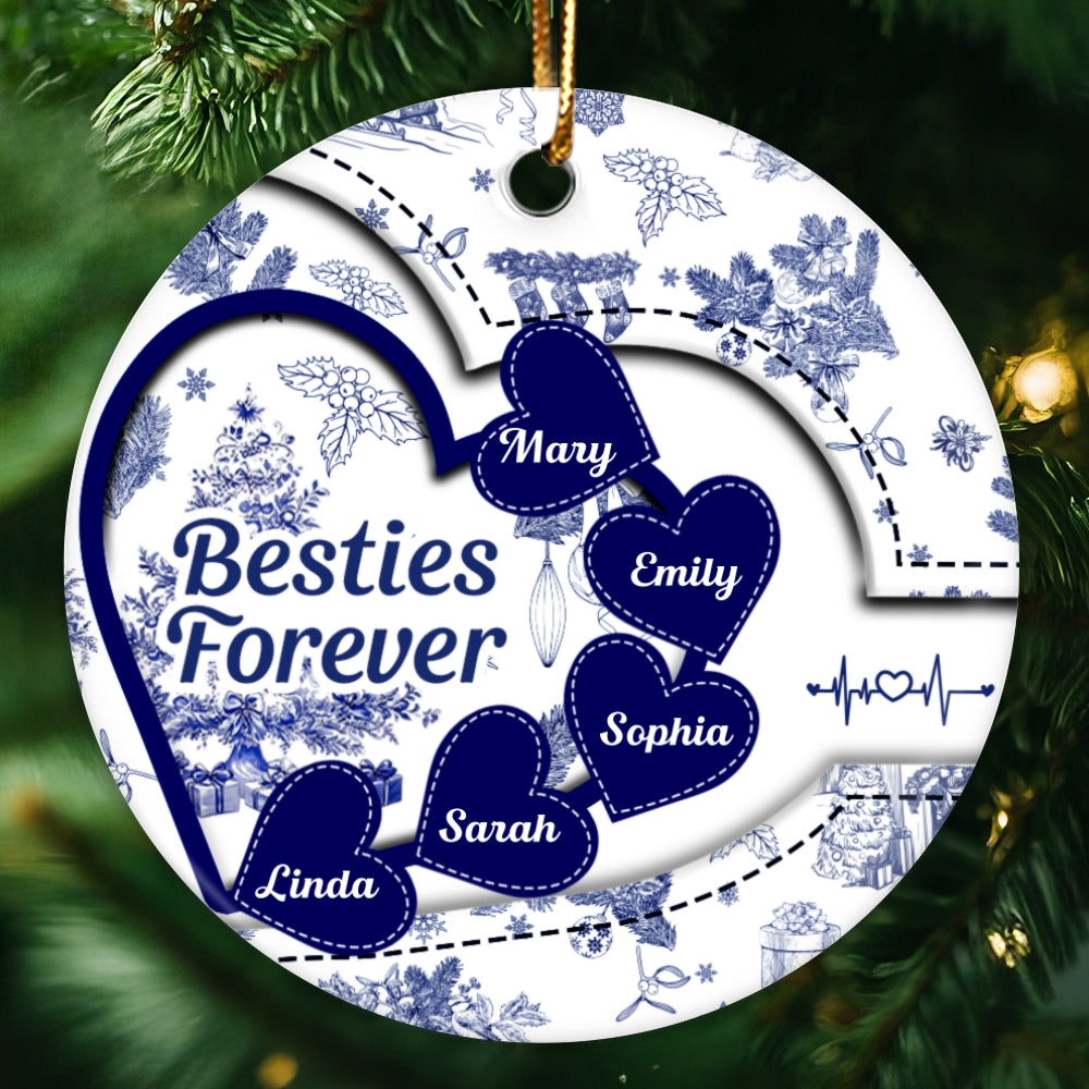 Besties With Hearts Toile De Jouy Style Personalized Circle Ornament