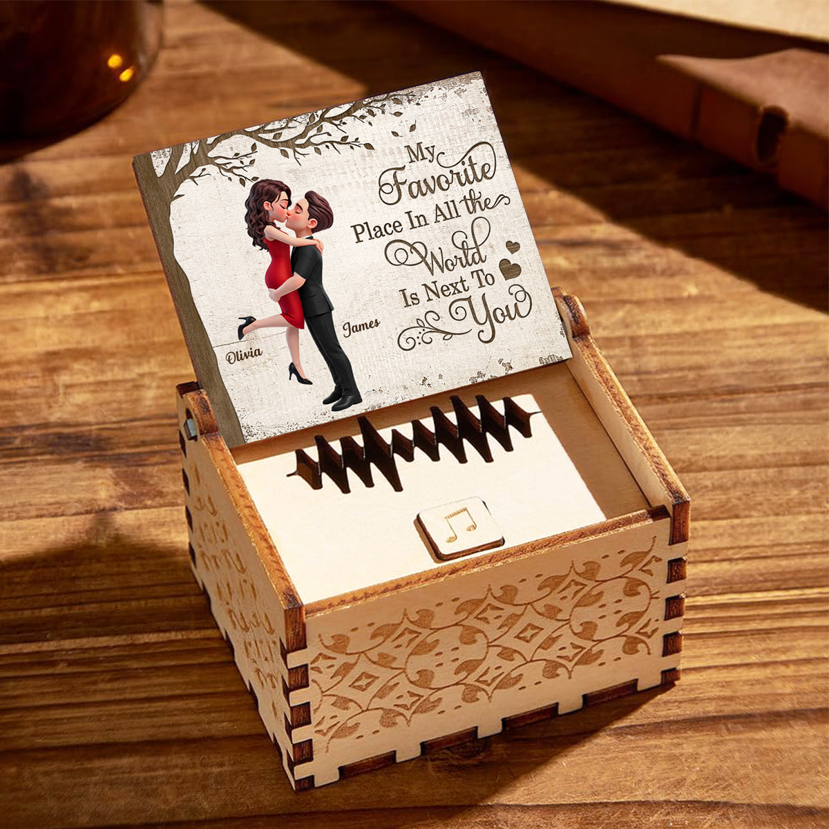 My Favorite Place is Next to You Couple Hugging Kissing - Personalized Wooden Music Box - Heartfelt Valentine's Day Gift for Her, for Him