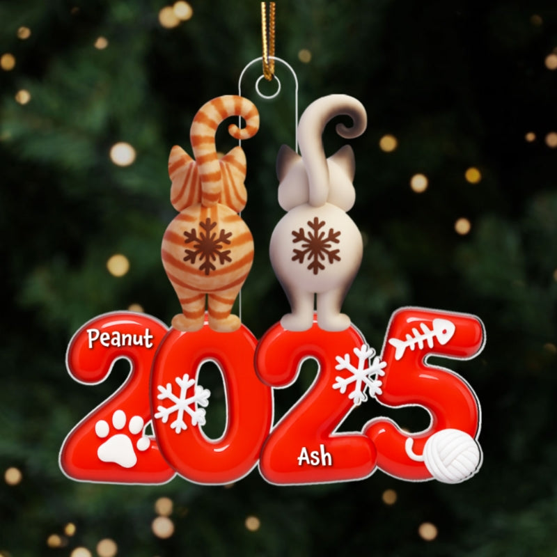 Funny Cat Back View 2025 Christmas - Personalized Acrylic Ornament - Gift for Cat Moms, Cat Dads, Cat Lovers