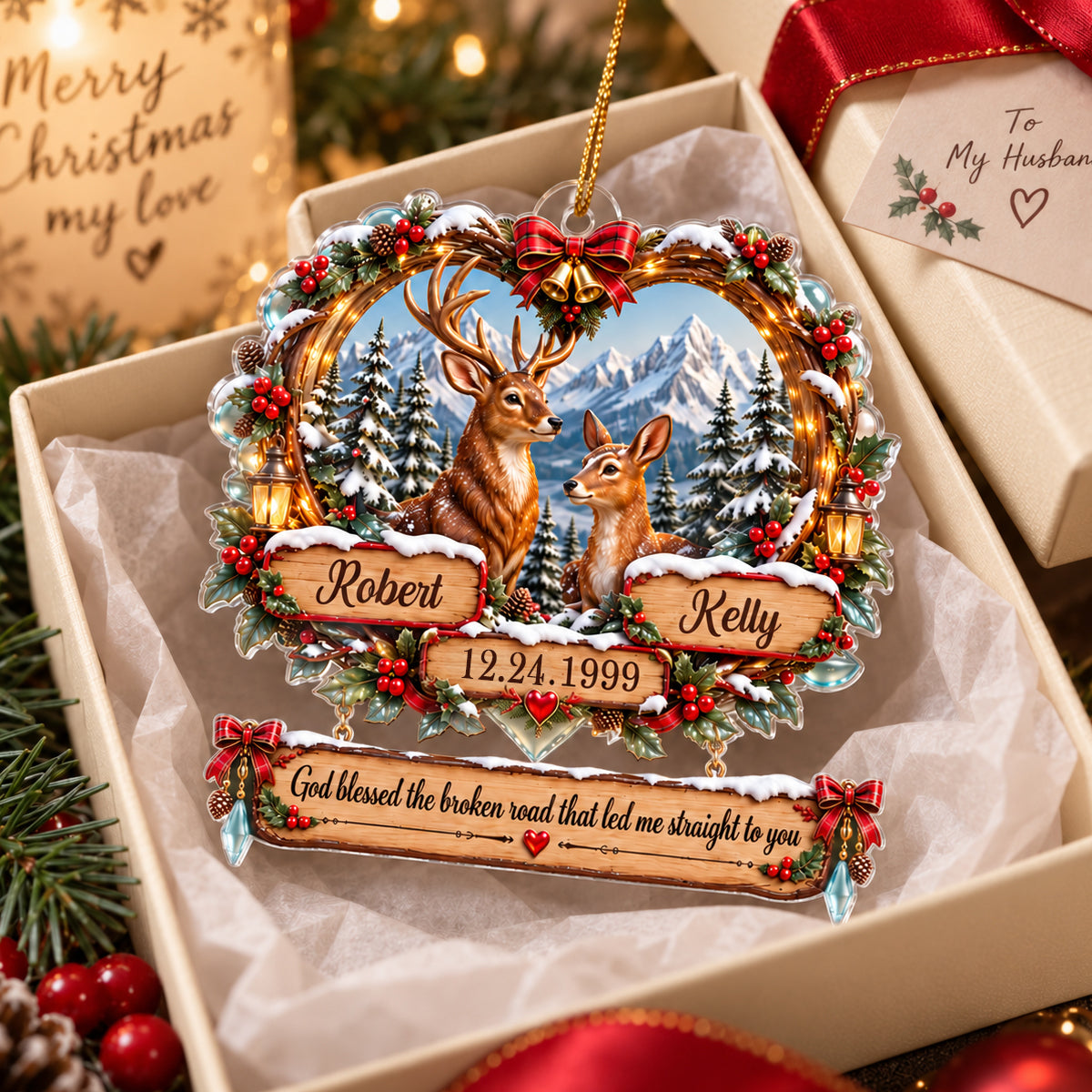 God Blessed the Broken Road Deer Couple - Personalized Acrylic Ornament - Christmas Gift for Him, for Her