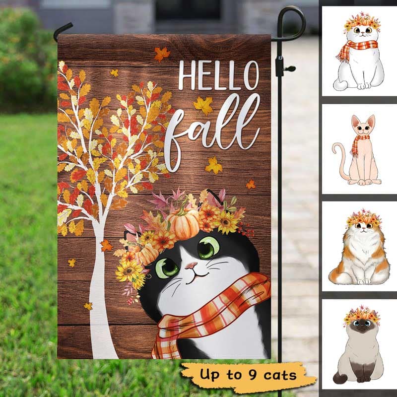 Hello Fall Cute Cats Personalized Garden Flag