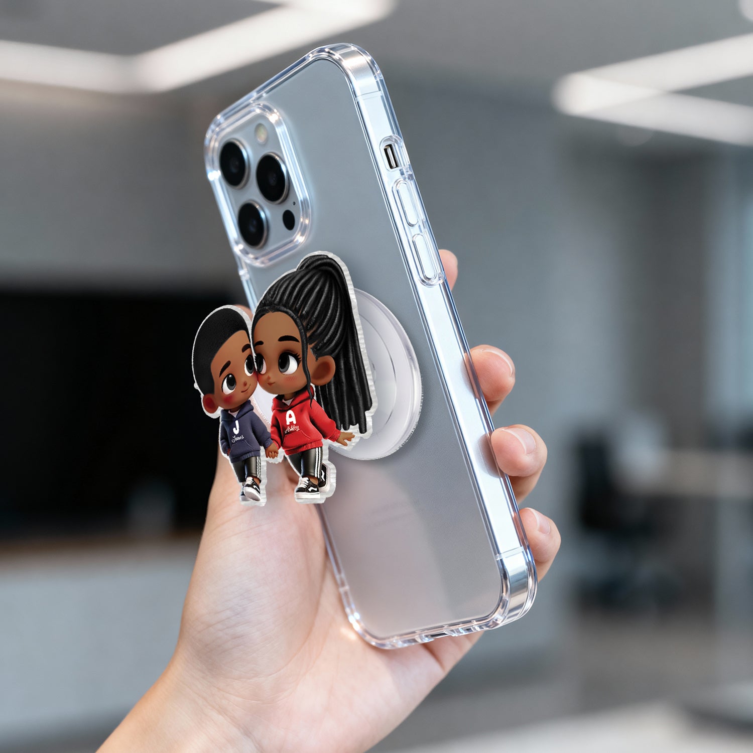 3D Effect Cute Cartoon Couple Holding Hands - Personalized Acrylic Magnetic Phone Grip - Matching Phone Grips for Couples