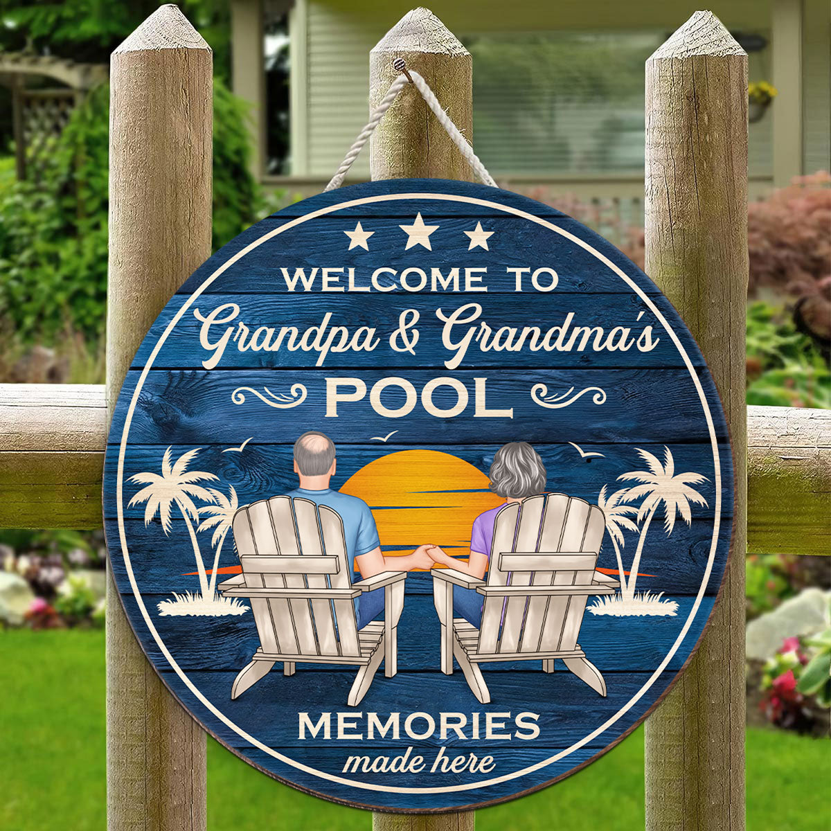 Welcome To Grandpa Grandma Grandparents Pool Summer Retro Vintage Personalized Wood Sign