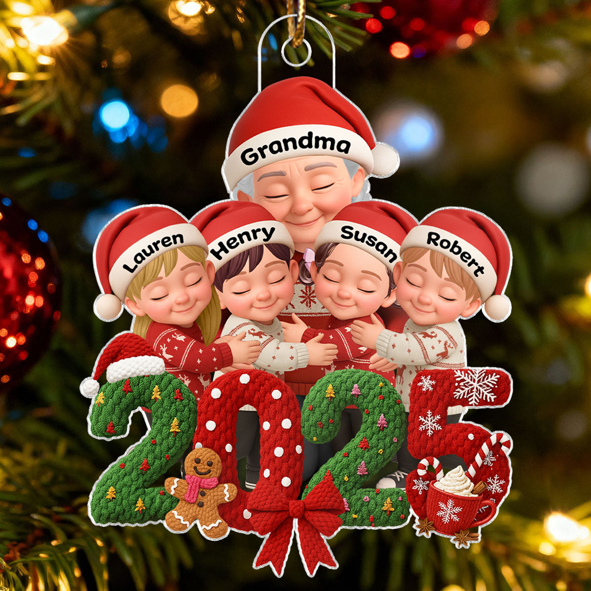 Grandma Hugging Grandkid 2025 Latch Hook Yarn Faux - Personalized Acrylic Ornament - Heartfelt Christmas Gift for Grandma, Grandkids