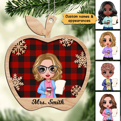Doll Female Teacher In Apple Shape Christmas Personalized Wooden Ornament