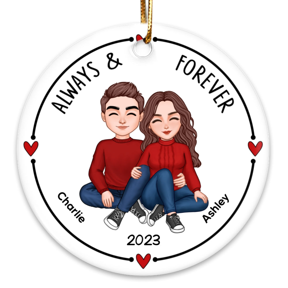 Christmas Cute Couple Sitting Hugging Personalized Circle Ornament
