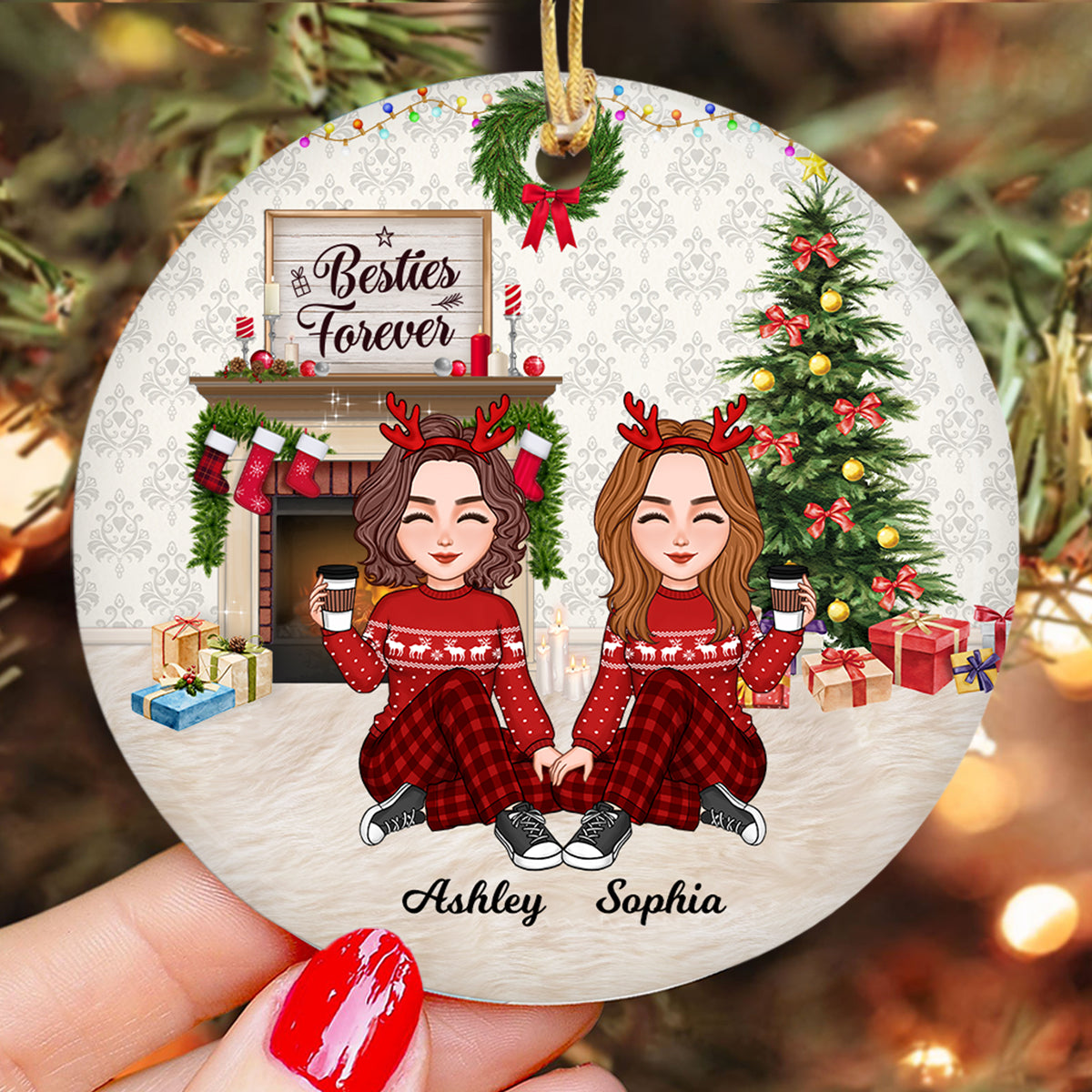 Besties Forever Cute Doll Girls At Fireplace Personalized Circle Ornament