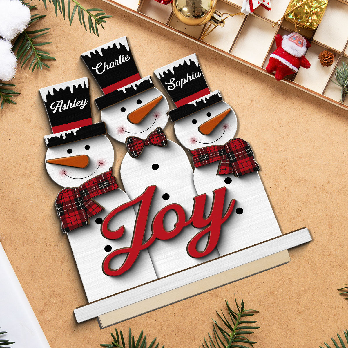 Joy Snowman Family Christmas Personalized 2-Layer Standing Wooden Plaque, Christmas Decoration, Tiered Tray Decor