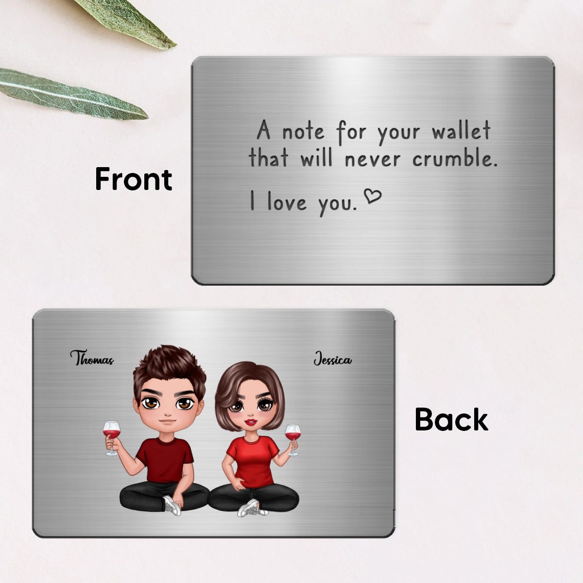 My Love Will Never Crumble Custom Message Doll Couple Sitting Personalized Metal Wallet Card