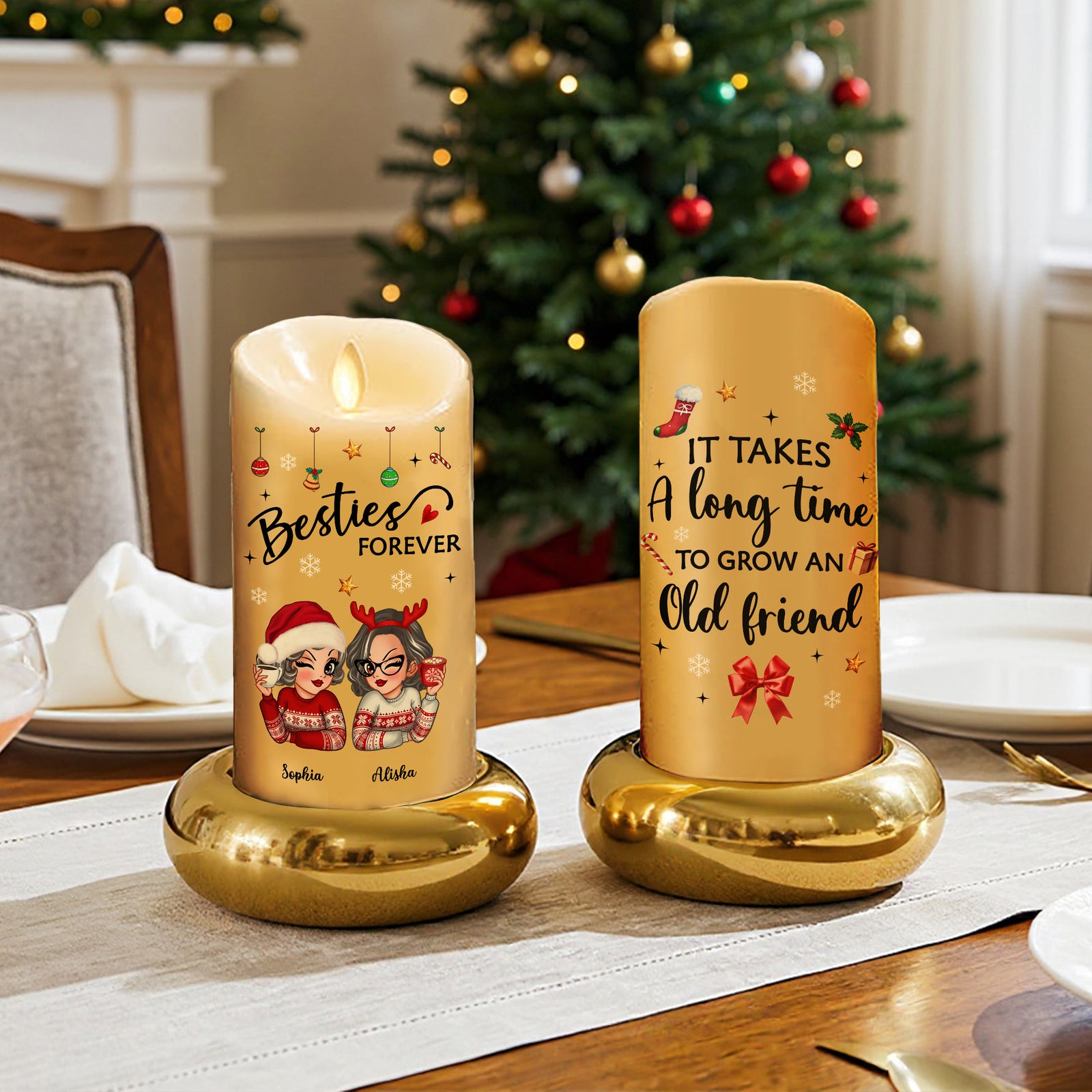Christmas Besties It Takes A Long Time To Grow Old Friends Personalized LED Candle