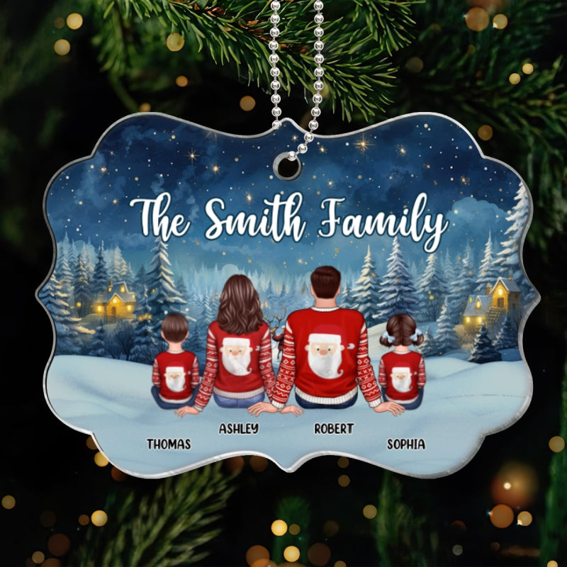 Christmas Night Landscape Family Sitting Back View Personalized Acrylic Ornament