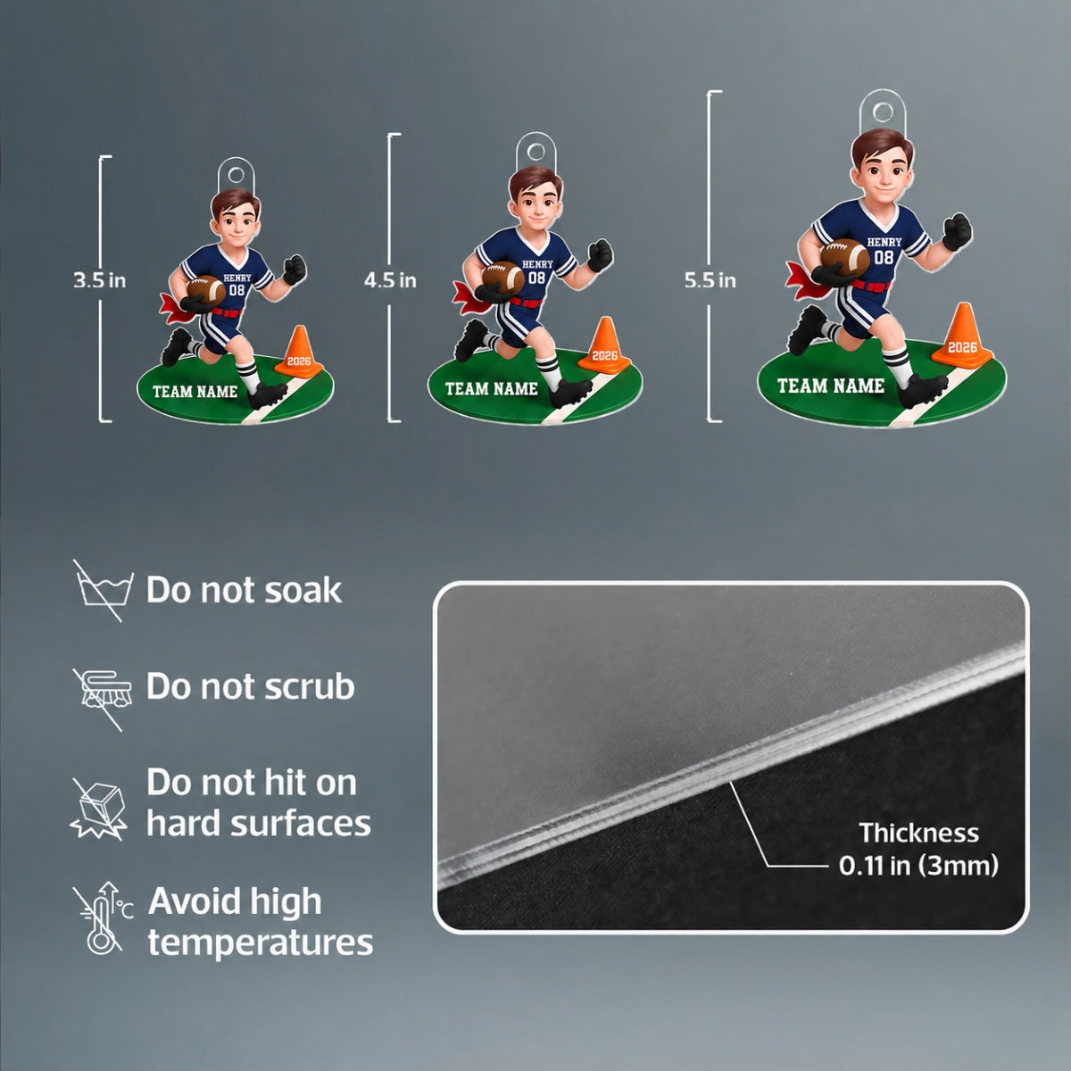3D Effect Boy Girl Flag Football - Personalized Acrylic Ornament - Christmas Gift for Daughter Son