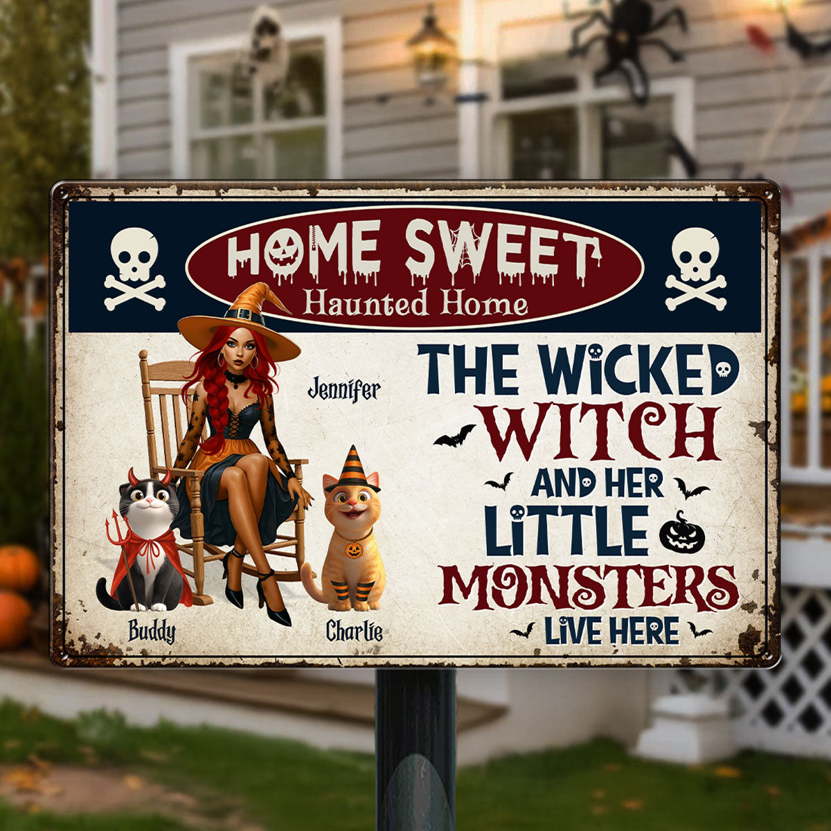 Warning A Wicked Witch and Her Little Monsters Live Here Personalized Metal Sign, Halloween Decor for Cat Lovers