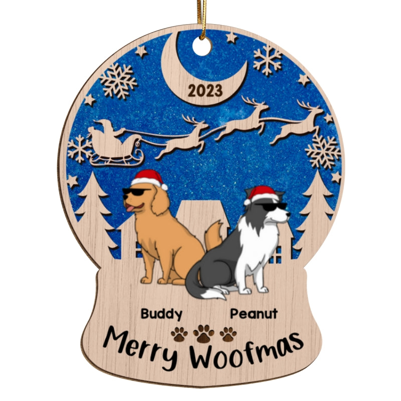 Merry Woofmas Blue Galaxy Sky Night Funny Cartoon Dogs Personalized Wooden Ornament