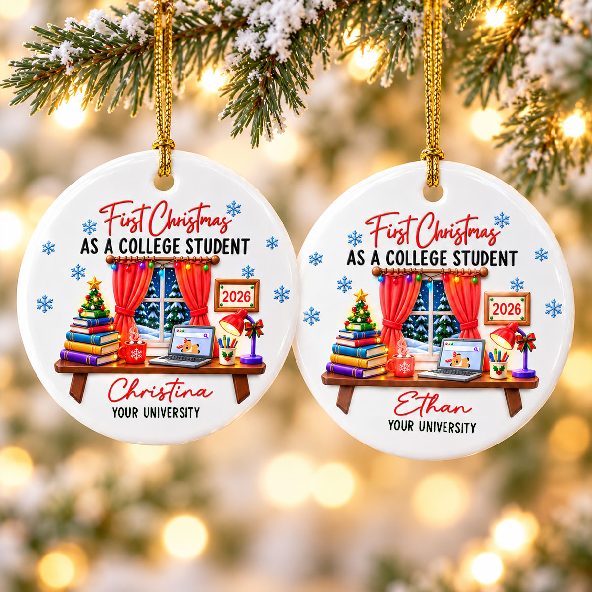 College Student With Desk Design - Personalized Ceramic Ornament - Christmas Gift For New Student, Boy, Girl