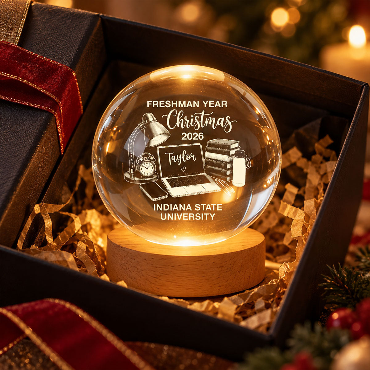 Freshman Year Christmas Study Desk – Personalized Crytal Ball Night Light – College Student Christmas Gift, First Year Keepsake