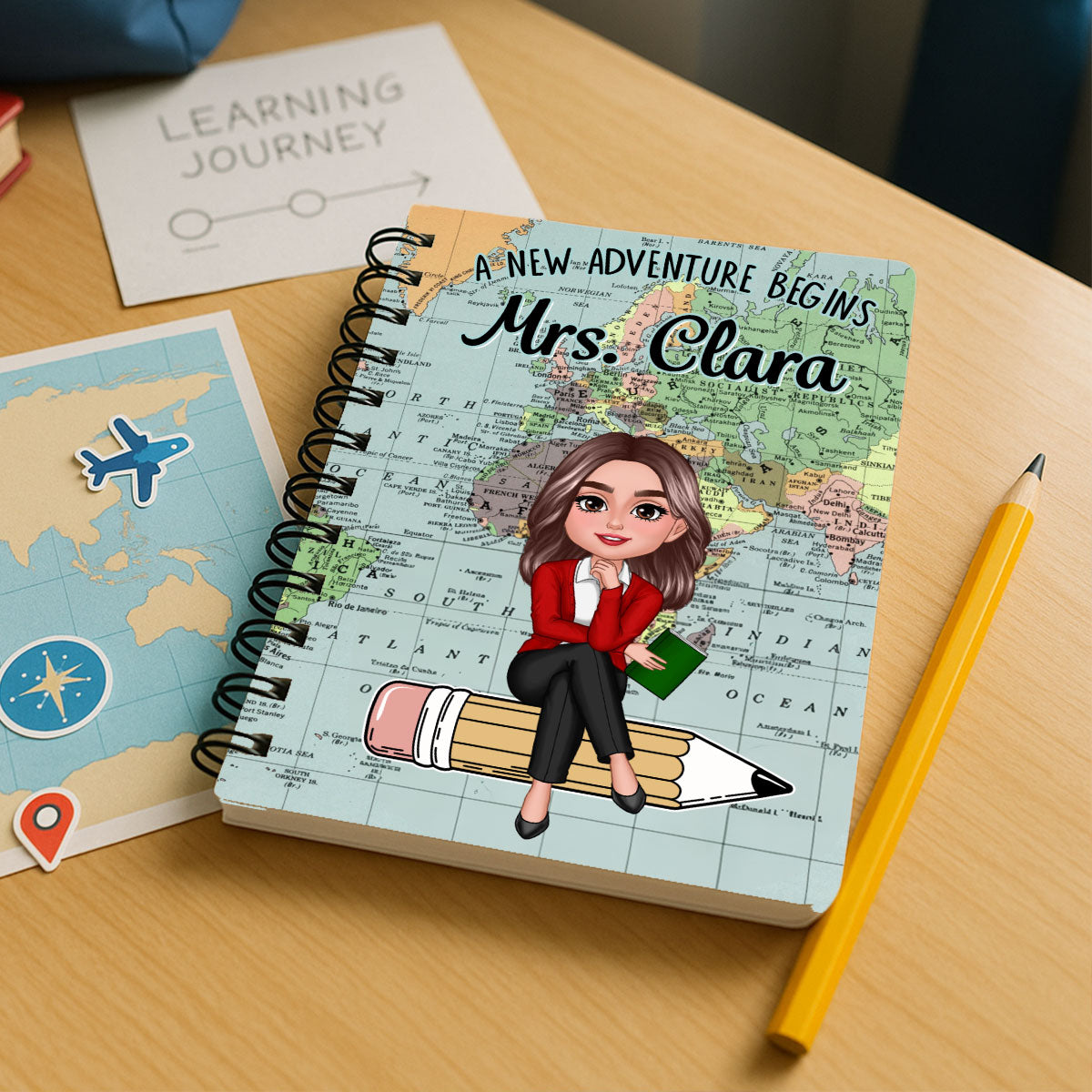 World Map Adventure Themed Teacher Sitting On Pencil Personalized Spiral Notebook Journal, Back To School Stationery