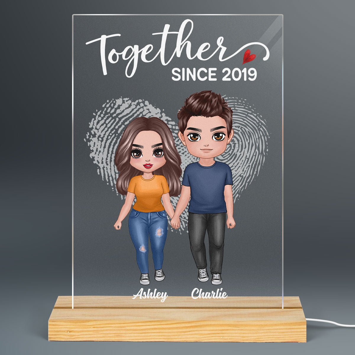 Doll Couple Standing Finger Prints Heart Personalized Rectangle Acrylic Plaque LED Lamp Night Light