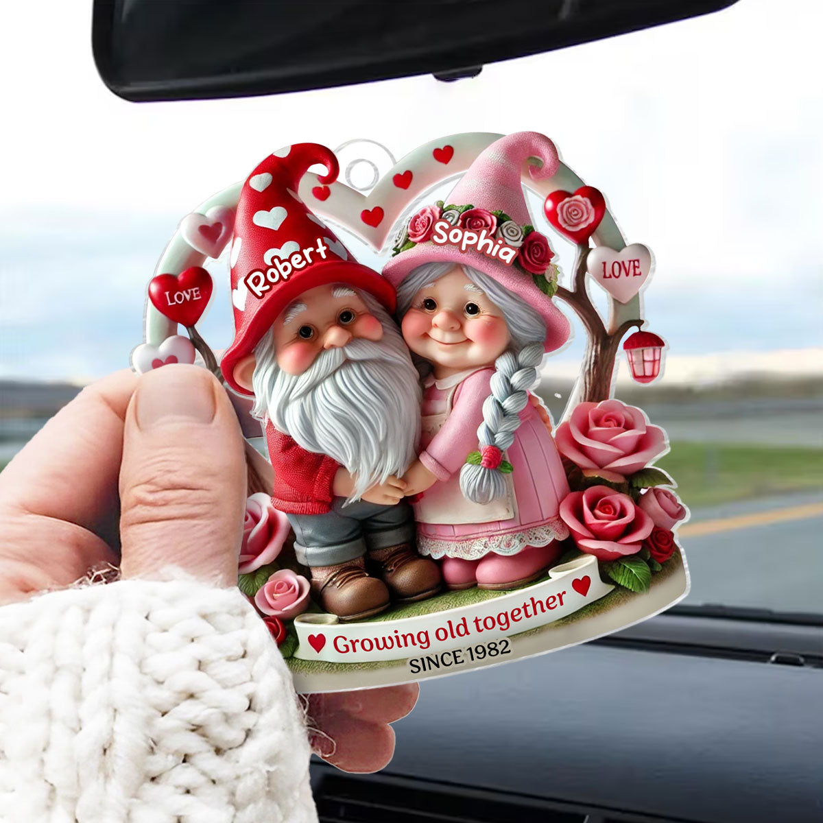 Gnome 3D Effect Old Couple  Gift for him, Gift for her, Personalized Acrylic Car Hanger