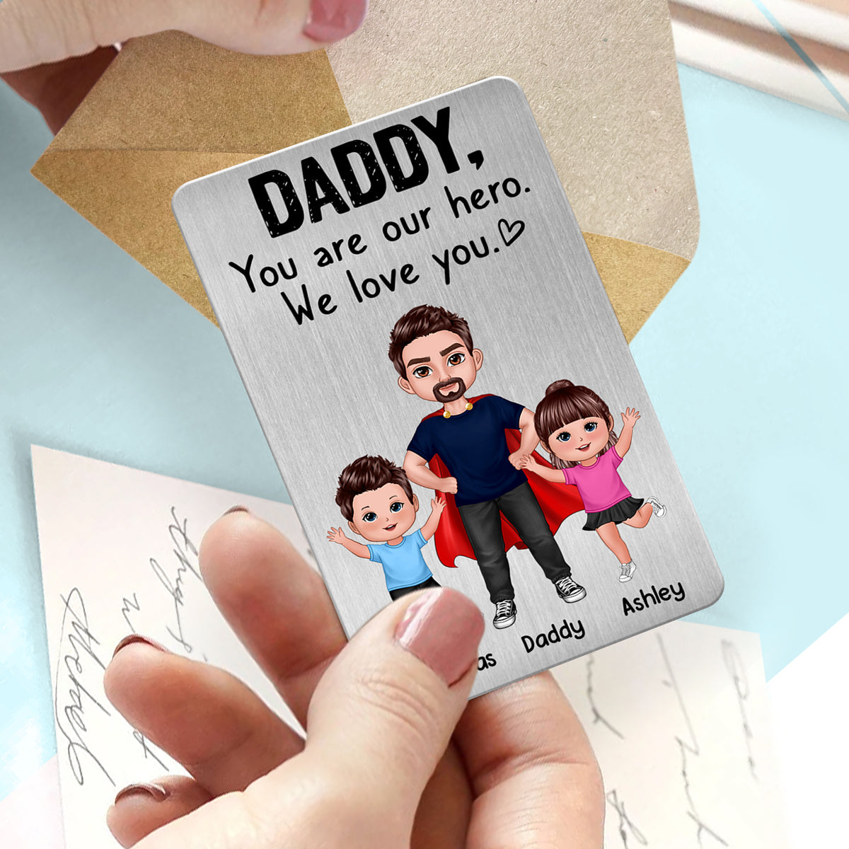 Dad You‘re Our Hero Super Dad & Happy Doll Kids Personalized Metal Wallet Card