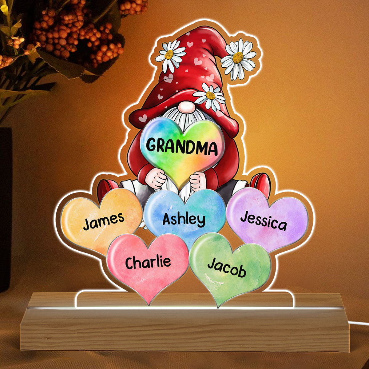 Grandma Mom Gnome Loves Colorful Sweethearts Personalized Custom Shaped Acrylic Plaque With LED Night Light