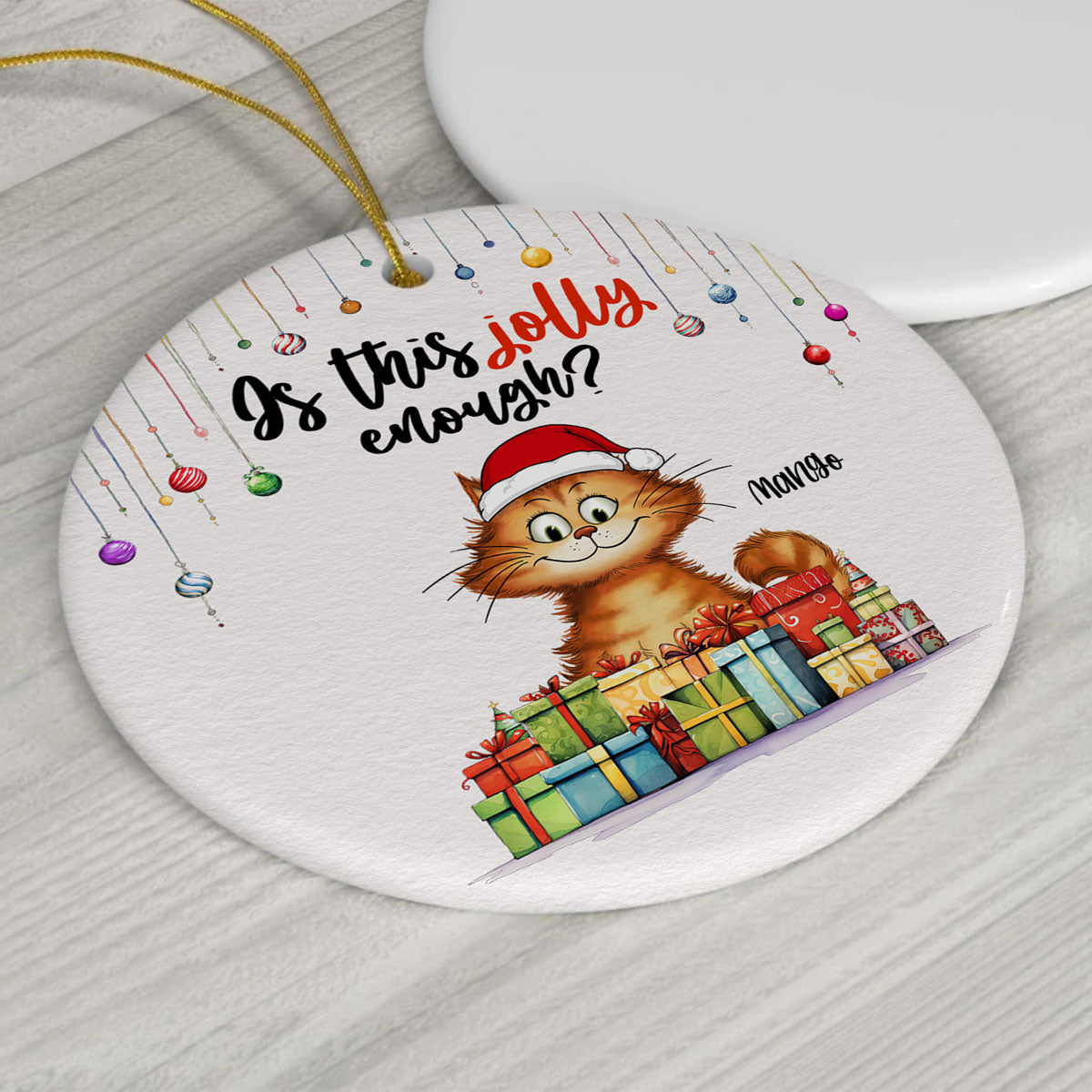 Is This Jolly Enough Quirky Whimsical Christmas Cats Personalized Circle Ceramic Ornament