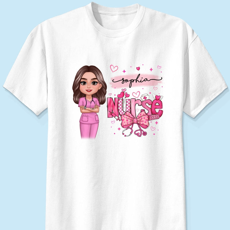 Nurse Pink Coquette Bow Personalized Shirt, Birthday  Gift For Nurse Wife Girlfriend Bestie
