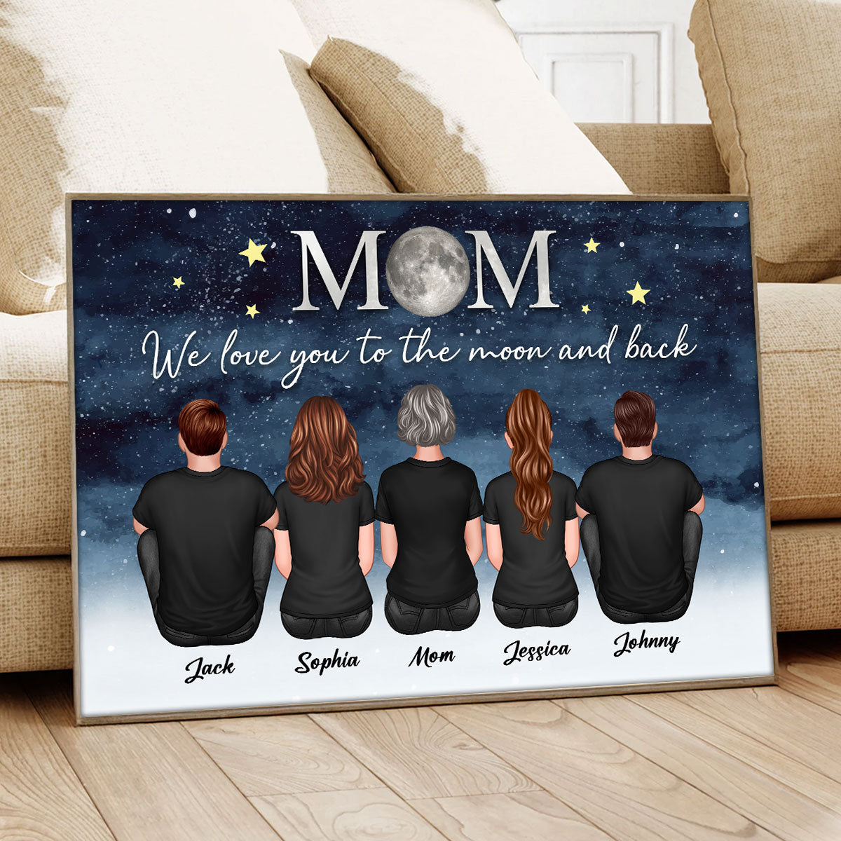 Mom And Kids Sitting Under Starry Night We Love You To The Moon And Back Personalized Poster, Gift For Mom