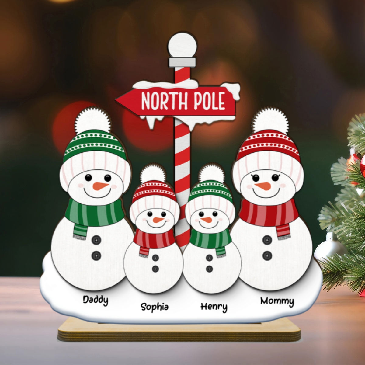 North Pole Snowman Family Christmas Personalized 2-Layer Standing Wooden Plaque