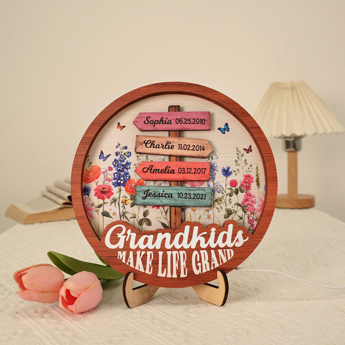 Grandma Flower Garden Grandkids Names Sign Personalized 3-Layer Wooden Plaque With LED, Gift for Mom, for Grandma