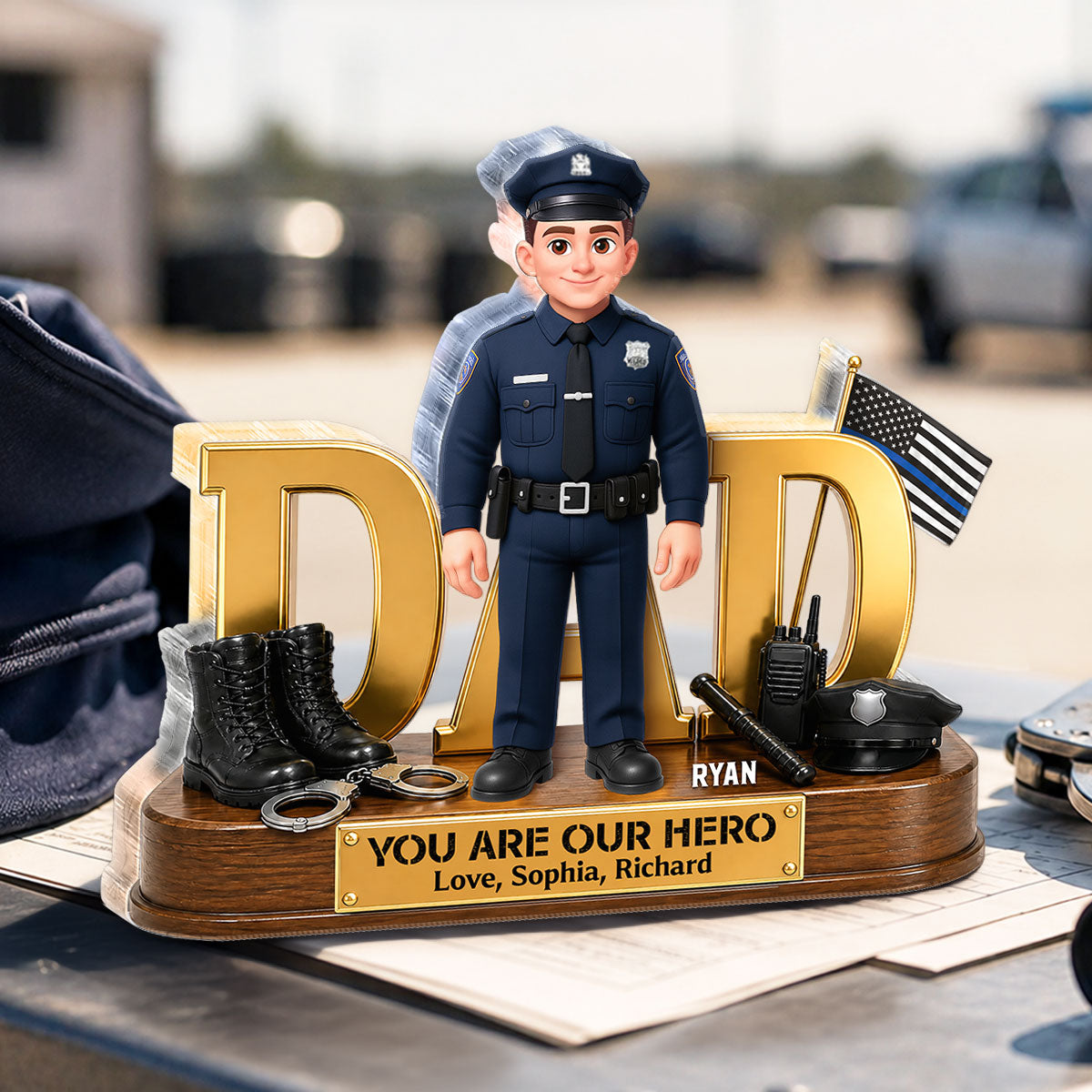 Proud American Police Dad You Are Our Hero Thin Blue Line 2D Flat - Personalized Acrylic Block Plaque - Father's Day Gift For Dad