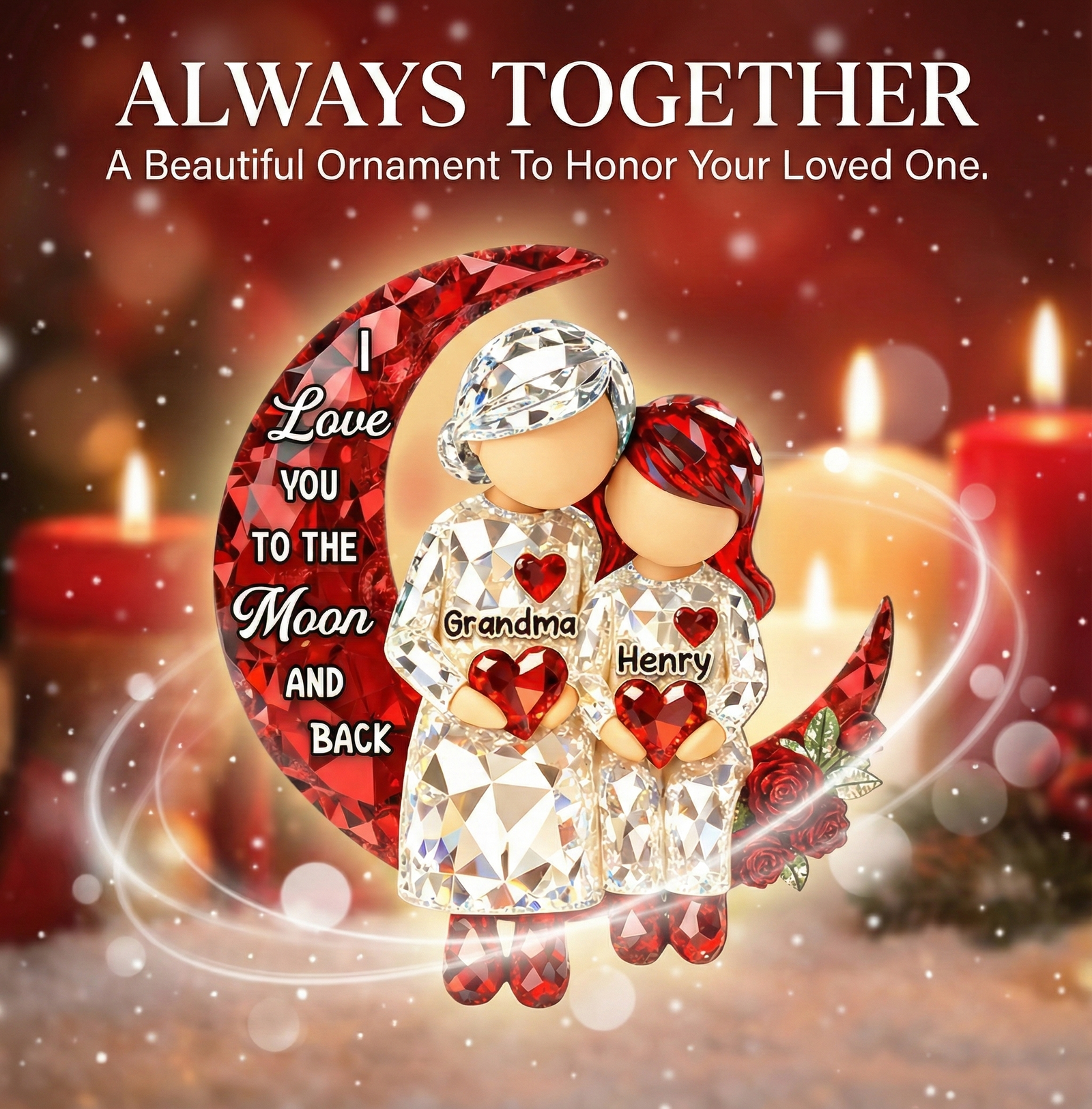 3D Crystal Effect Grandma Grandpa Grandkid Sitting on Moon  - Personalized Acrylic Ornament - Christmas Gift for Grandma, Grandkids