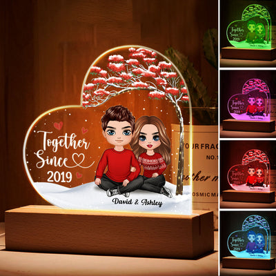 Doll Embracing Couple Under Red Tree Gift For Him For Her Personalized Custom Shape Acrylic Plaque LED Night Light