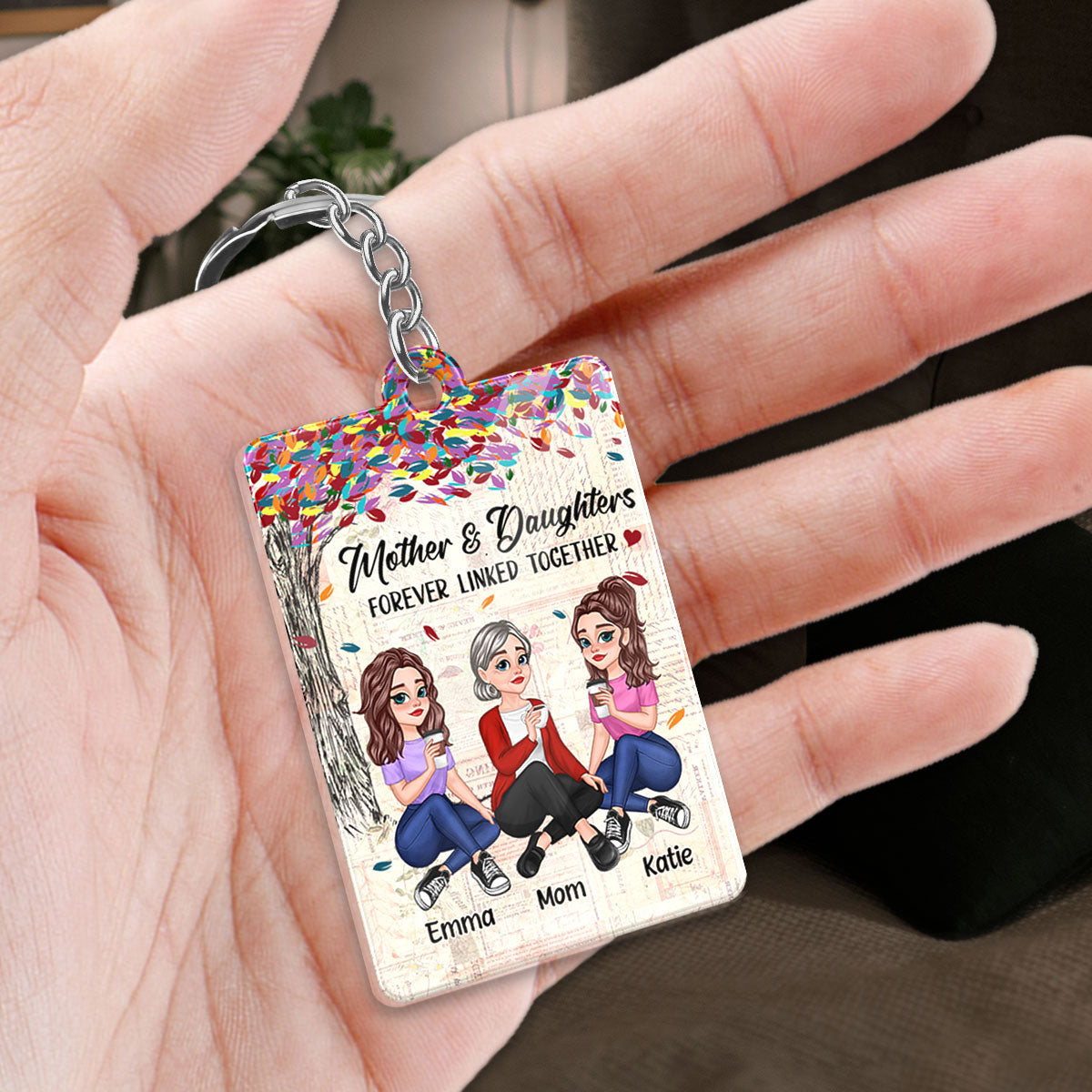 Pretty Cartoon Mother Daughter Sitting Under Colorful Tree Favorite Song QR Code Personalized Acrylic Keychain