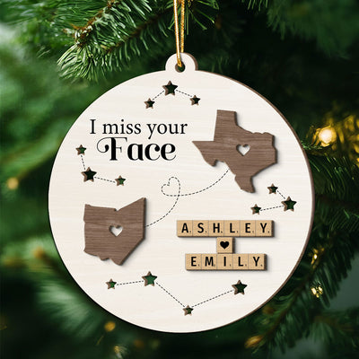 I Miss Your Face Long Distance State Maps Wooden Blocks Personalized 2-Layer Wooden Ornament, Christmas Gift For Besties, Couple, Family